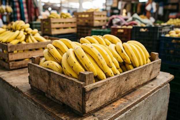 Cajas de plátanos frescos listos para la venta
